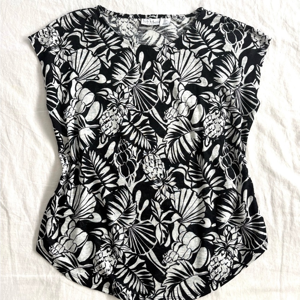 Nicole Miller Black White 100% Linen Top L Black White New Short Sleeve
